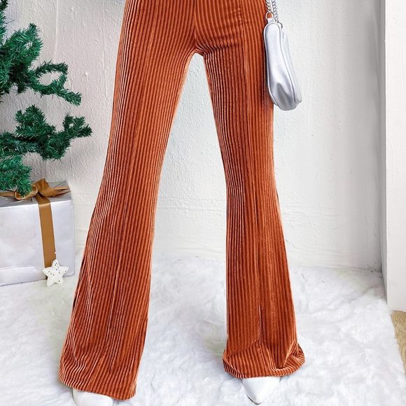 Orange Casual Womens Elastic Waist Flare Leg Pants - Picture 4 of 5